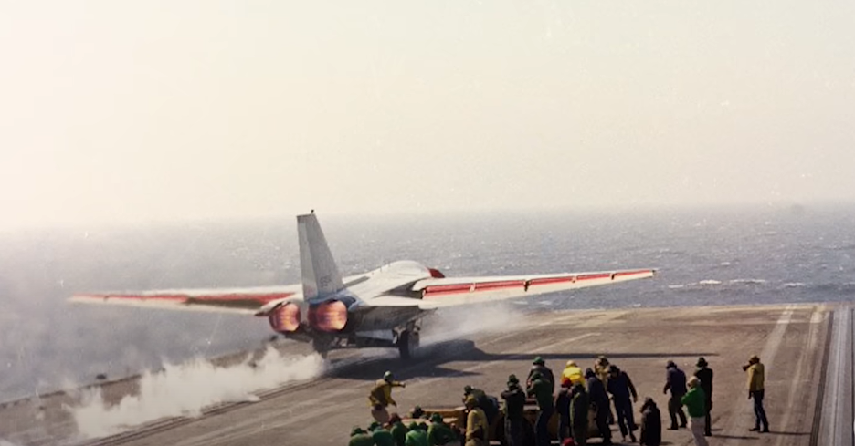 F-14 Tomcat seen from behind, ready to take flight