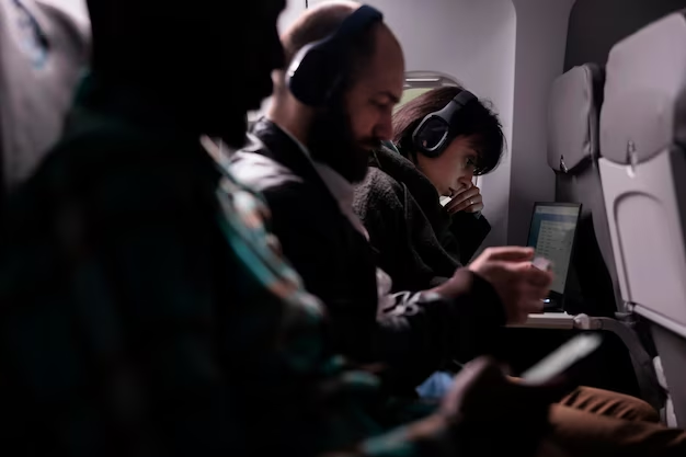 Airplane passengers seated on their seats using gadgets