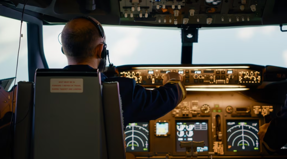 pilot uses the dashboard navigation command and control panel in the airplane