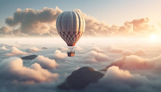 Hot air balloon soars in the clouds