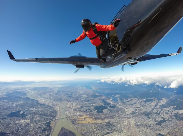 skydiver jumping out of an airplane over the land