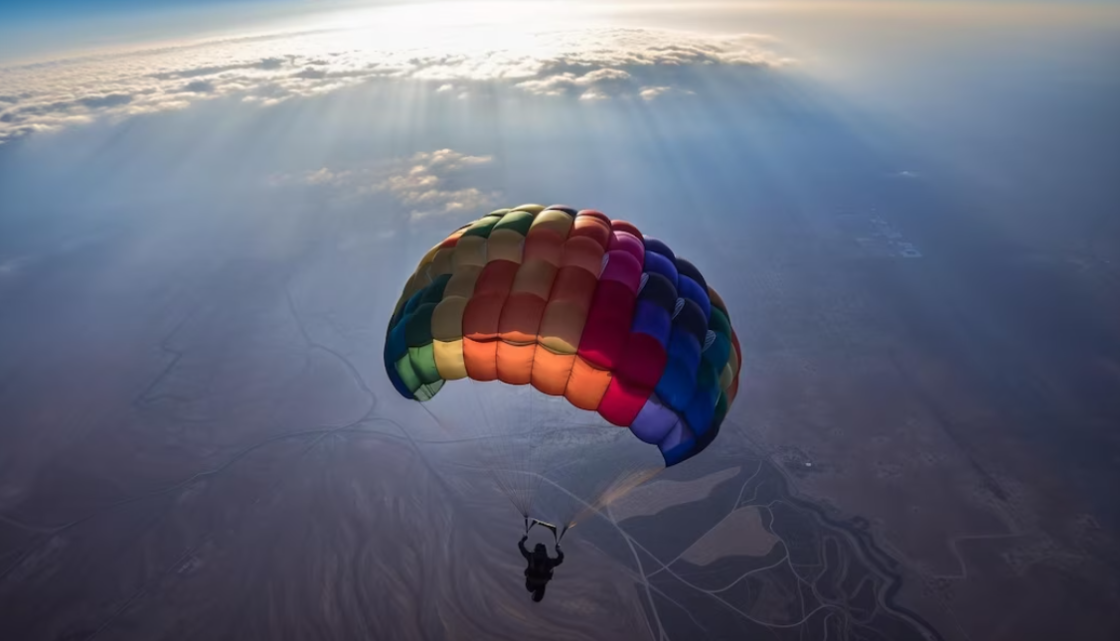 person jump with a colorful parachute over the lands