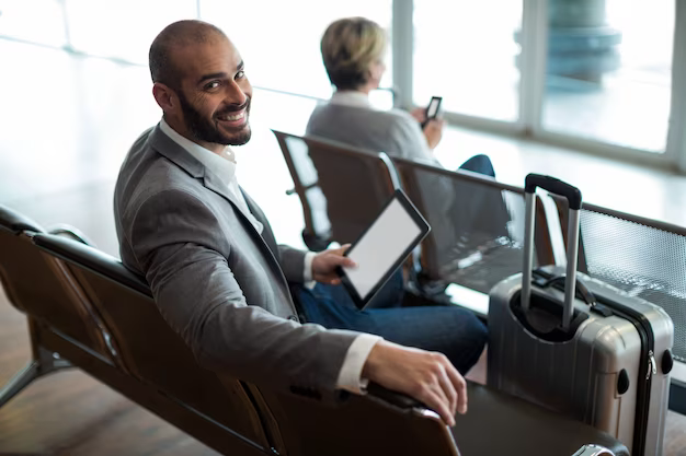 Smiling businessman using digital tablet while sitting in waiting area