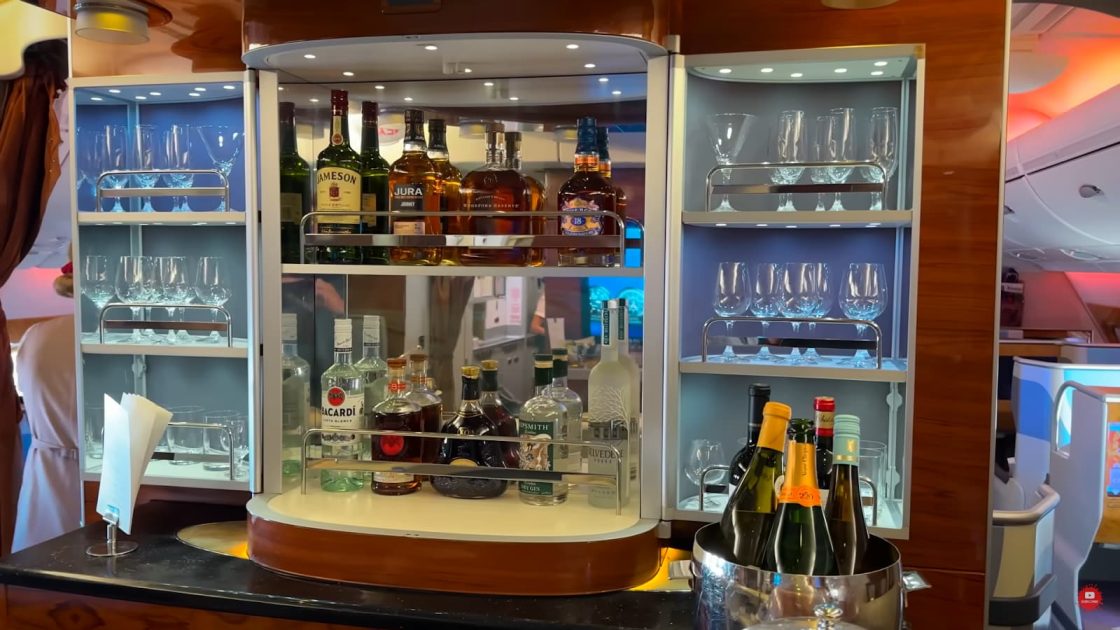 In-flight bar area with a selection of beverages