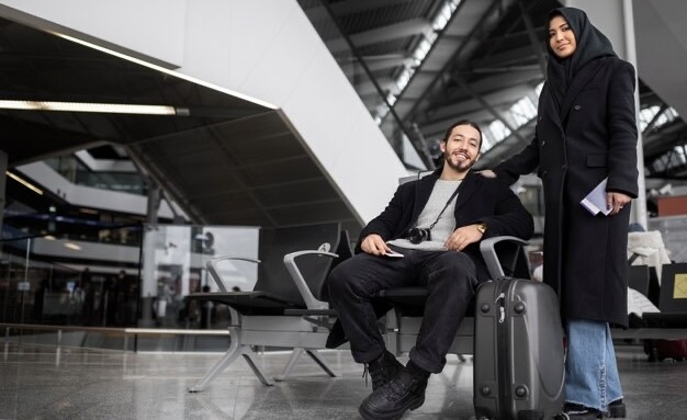 Muslim couple waiting for plane in lounge