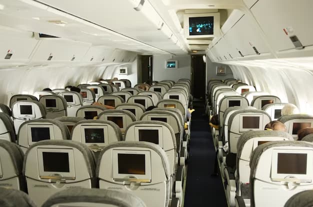 Airplane cabin with white seats